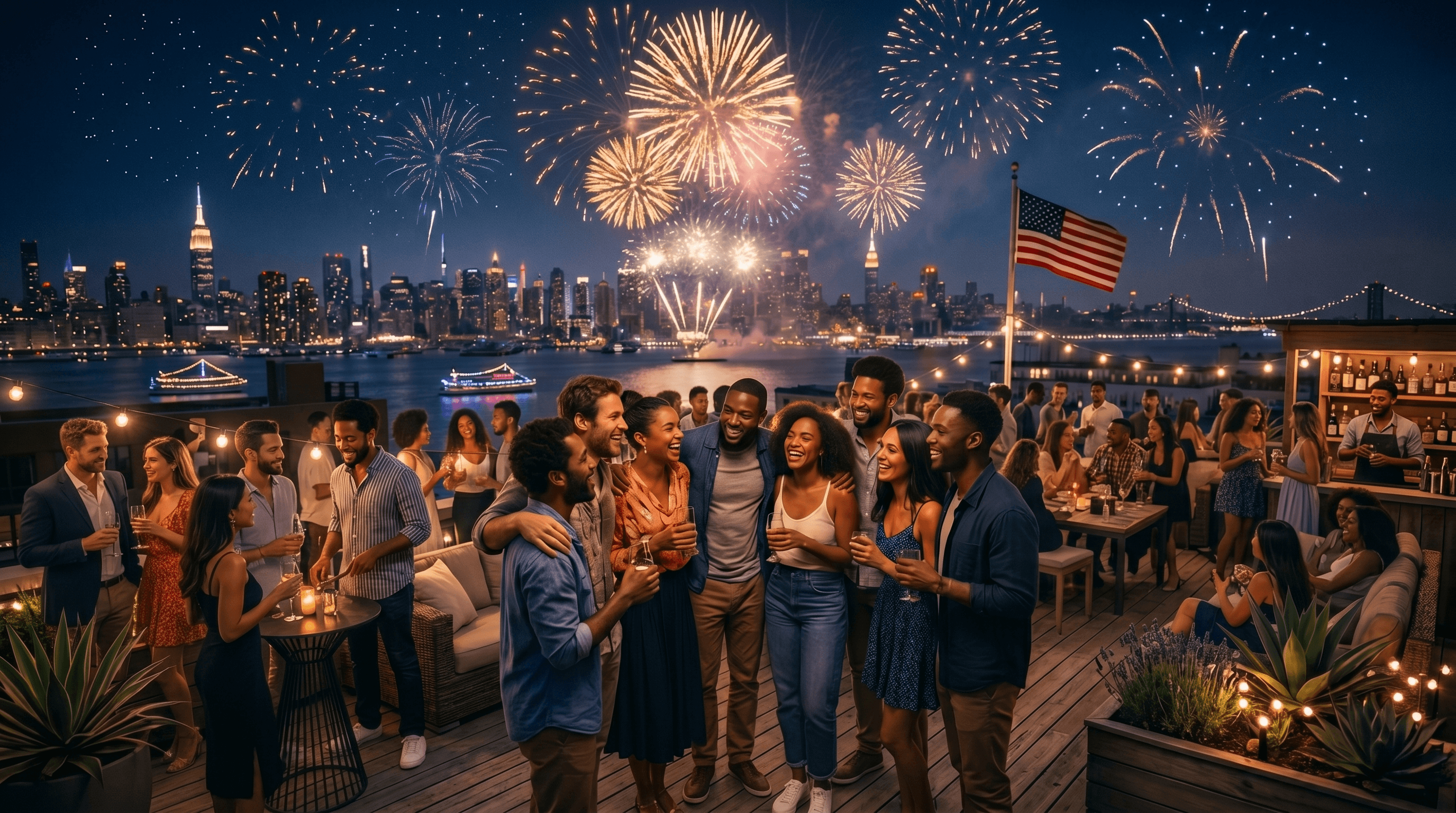 Friends celebrating the Fourth of July on a rooftop with fireworks over the city skyline